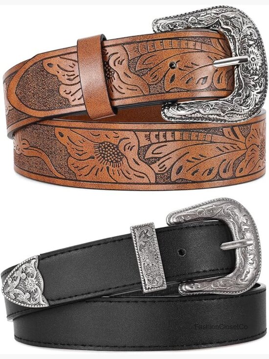 2 Pack Women Faux Leather Western Belts with Big Silver Buckle main image 4